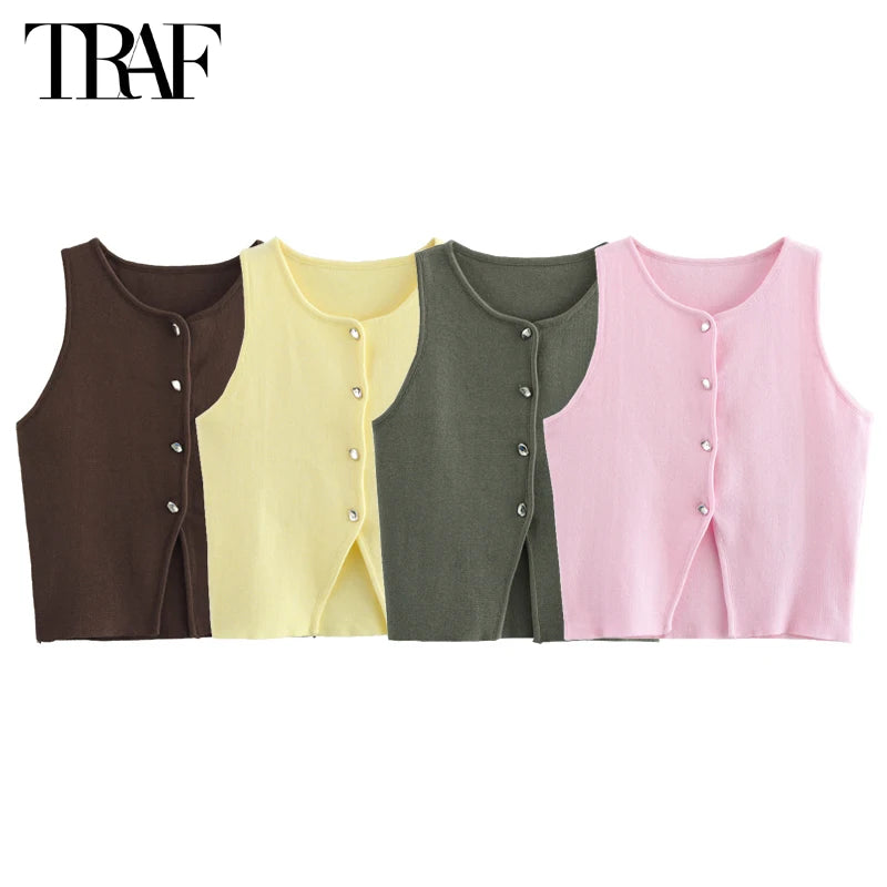 TRAF Pink Knit Sleeveless Vest Women Cropped Sweater Vest Top Women Yellow Button Vests for Women Streetwear Waistcoat Knitwears Surpriseshopper.com