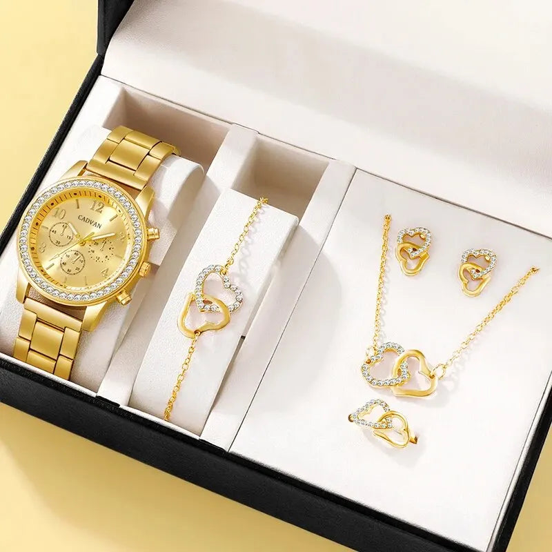 6PCS Set Rose Gold Luxury Watch Women Ring Necklace Earring Rhinestone Fashion Wristwatch Casual Ladies Bracelet Watches - Surpriseshopper.com