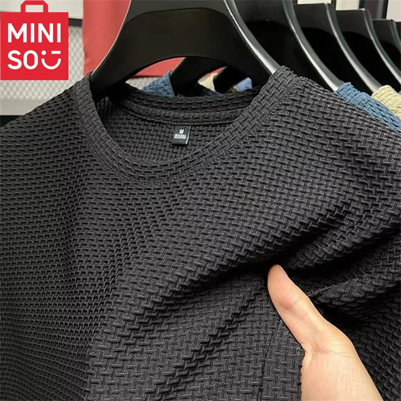 MINISO Bamboo Mesh Ice Silk T-shirt Men's Short sleeved Round Neck New T-sleeved Men's Bottom Shirt Summer Solid Color Men's Top