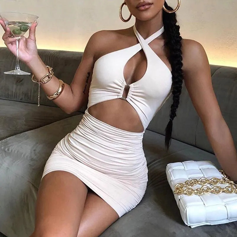 2023 Summer Party Dresses Sexy Elegant Dresses For Women Solid Casual Dress Women Pencil Mini Halter Sleeveless Hollow Dress