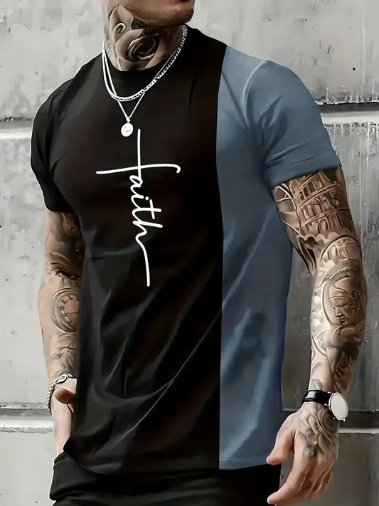 2024 New Men's Casual T-Shirt Splicing Color Novelty Faith 3D Digital Printing Vintage Summer Daily Top Outdoor Travel Party Surpriseshopper.com