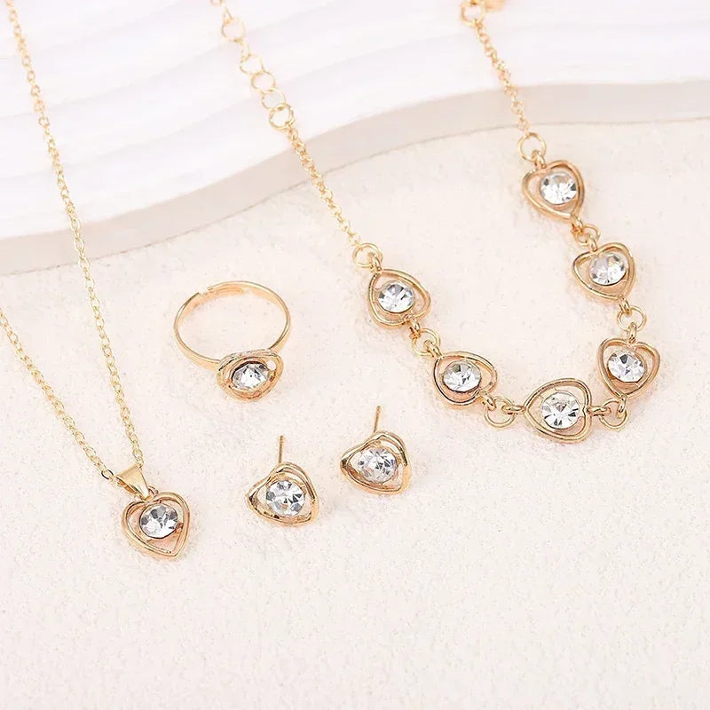 5PCS Set Gold-Color Heart Shaped Jewelry Sets Of Ring Earrings Necklace For Women Elegance Rhinestone Double Heart Jewelry