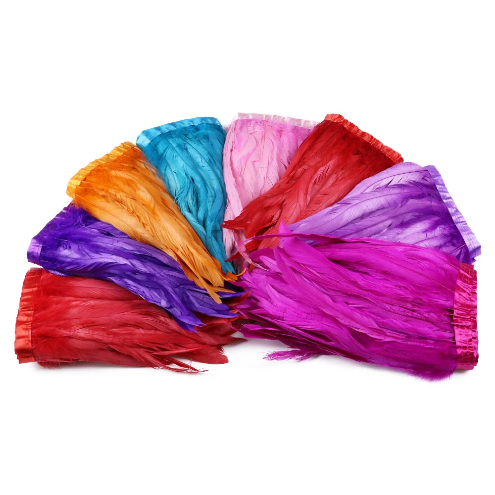 2meter Colored Rooster Tail Feather Tassel Trim for Wedding Party Dress Handicraft Accessory Dyed Cock Plumes Ribbon Skirt Craft