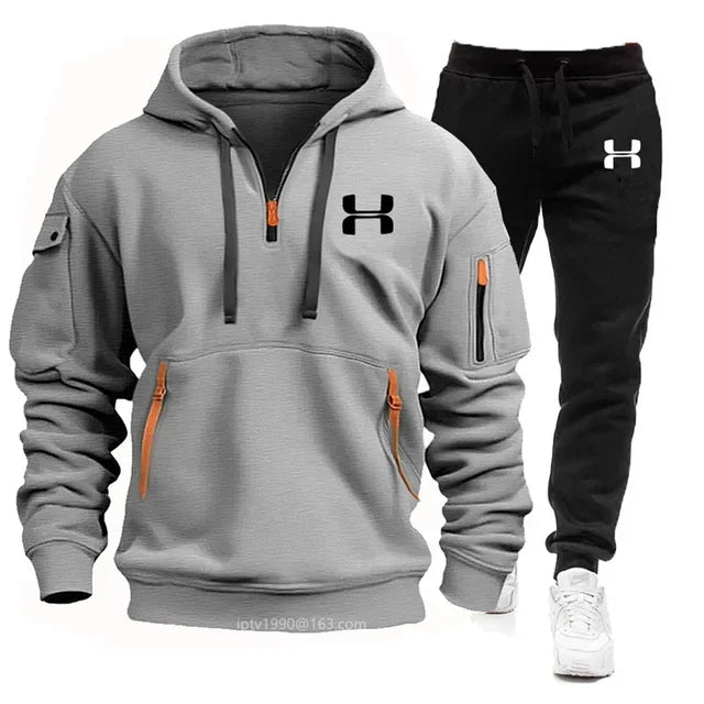 New men's suit, spring and autumn men multi-pocket zipper hoodie + sports pants two-piece leisure fitness sports clothing set Surpriseshopper.com