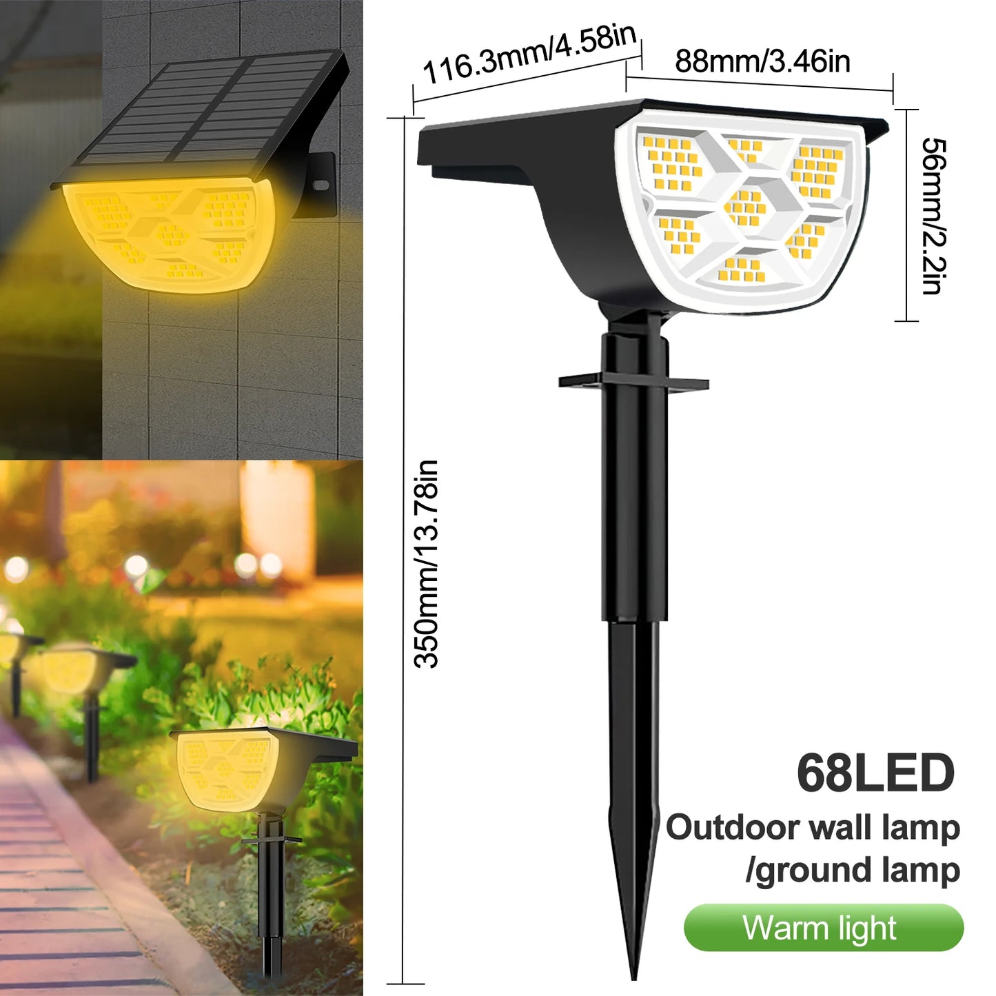 SolarBright: 72/68 LED Waterproof Solar Landscape Lights with 3 Modes