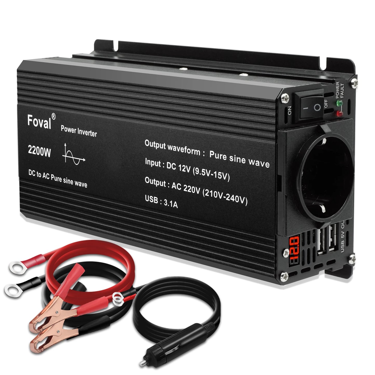 Pure Sine Wave Inverter DC 12V to AC 220V 230V 1500W/2200W/2600W Voltage Transfer Converter Universal EU Socket Auto Accessories