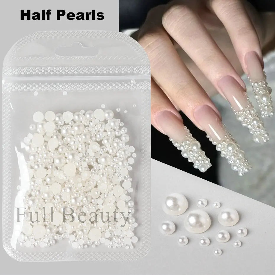 Mixed Nail Pearl Decoration White Natural Nail Charms Beads Flat Back Round Pearls Jewels For Manicure Design Korean Accessories