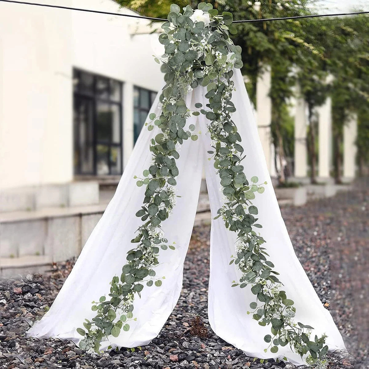 Artificial Eucalyptus Leaves Greenery Garland Faux Plant Spring Vines with White Flowers Berries for Wedding Home Party Deco