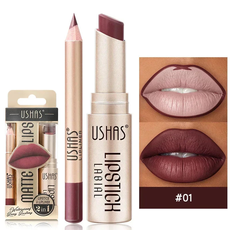 2 In 1 Korean Kiss: Waterproof Lip Liner Lipstick