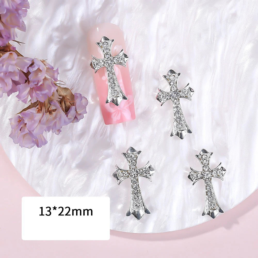 5pcs Luxury Silver Big Cross Nail Art Charm 3D Alloy Full Glitter Pink/White Diamond Nail Decoration DIY Retro Nail Accessories