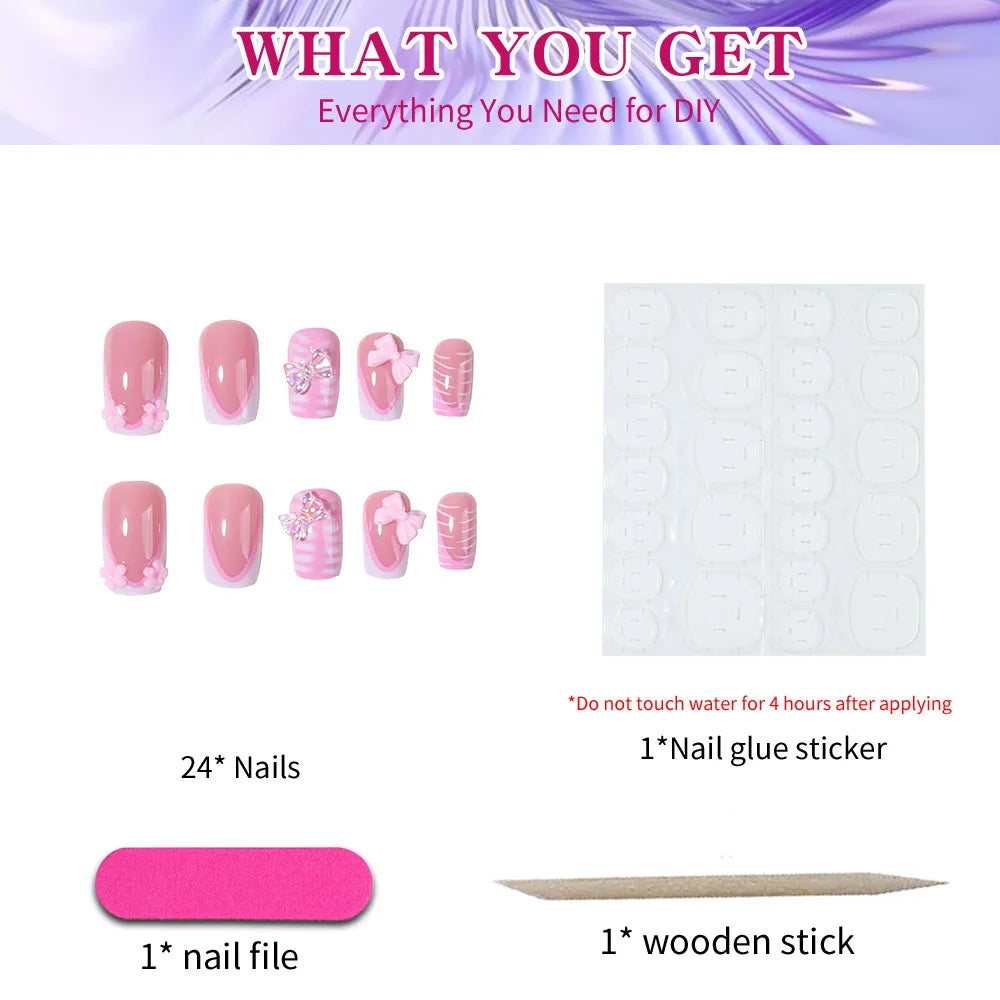 24 pieces of short square nail tips. 3D stereo line butterfly decorations. Pink French full-stick reusable coverage nail art.