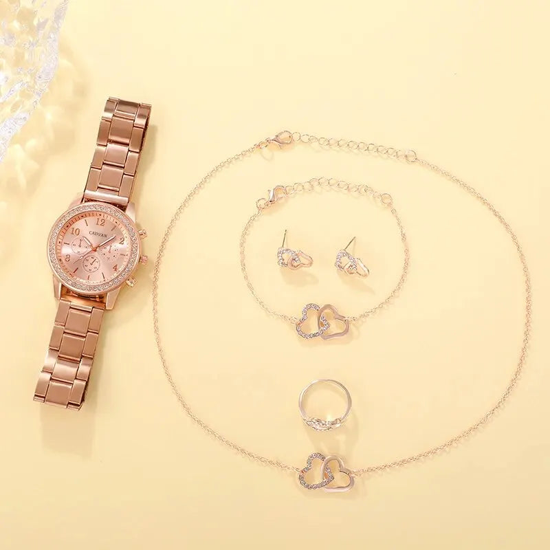 6PCS Set Rose Gold Luxury Watch Women Ring Necklace Earring Rhinestone Fashion Wristwatch Casual Ladies Bracelet Watches - Surpriseshopper.com