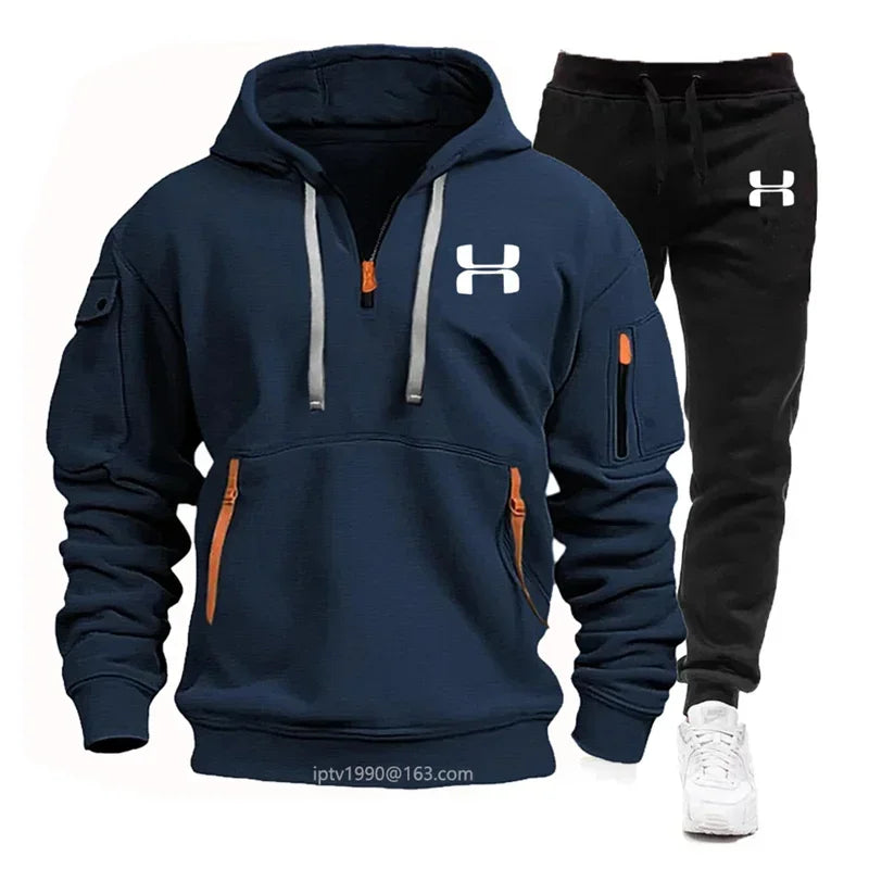 New men's suit, spring and autumn men multi-pocket zipper hoodie + sports pants two-piece leisure fitness sports clothing set Surpriseshopper.com