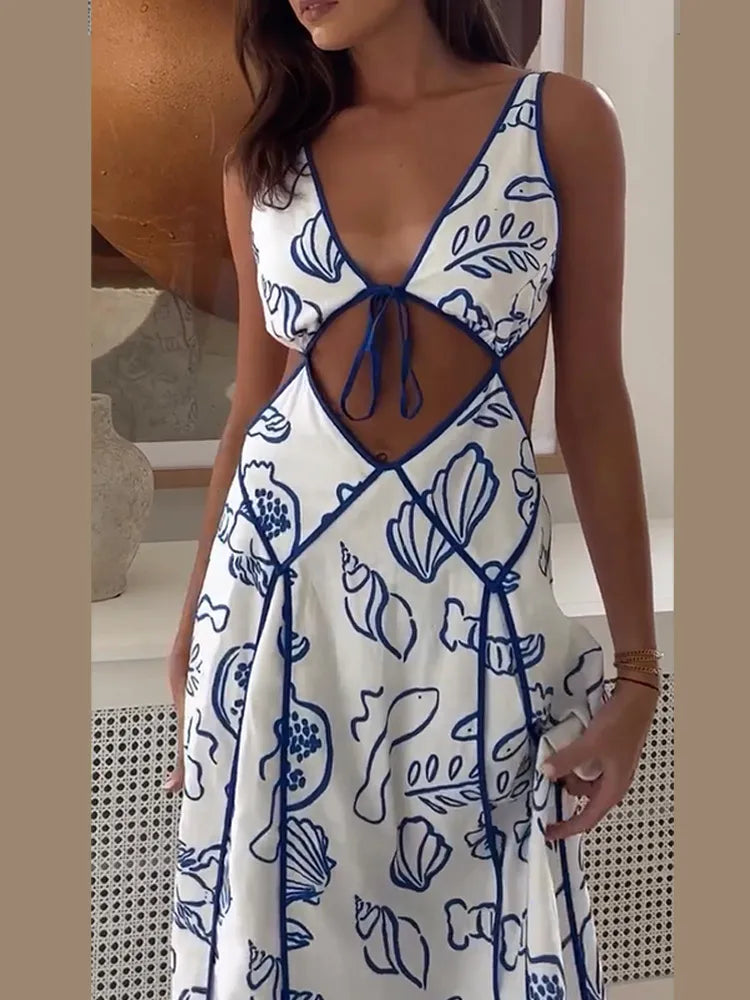 Elegant Women Summer Print V Neck Cutout Dress Fashion Sleeveless Slim Backless Lace Up Sling Robes 2025 Chic Beach Holiday Wear