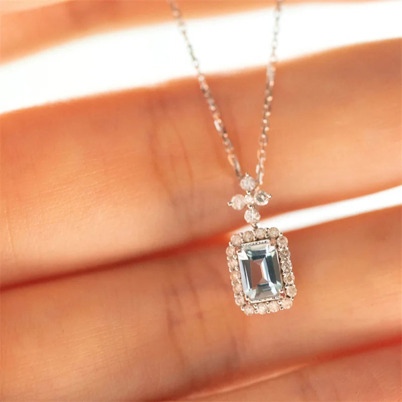 Huitan Square Light Blue Cubic Zirconia Necklace Women Engagement Wedding Accessories Brilliant Pendant Necklace Fashion Jewelry