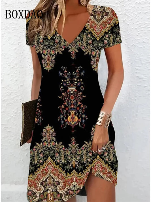 Vintage Women Midi Dresses For 2024 Ethnic Style Floral Print Loose Dress Plus Size Casual Short Sleeve Pullover V-Neck Dress