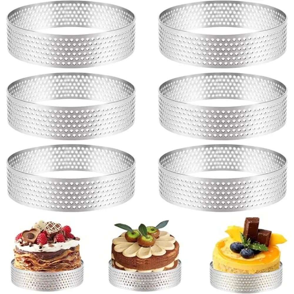 6PCS 8cm Silver Round Stainless Steel Tart Rings Mould French Dessert Mousse Cake Fruit Tarte Mold for Family Party Baking Tools