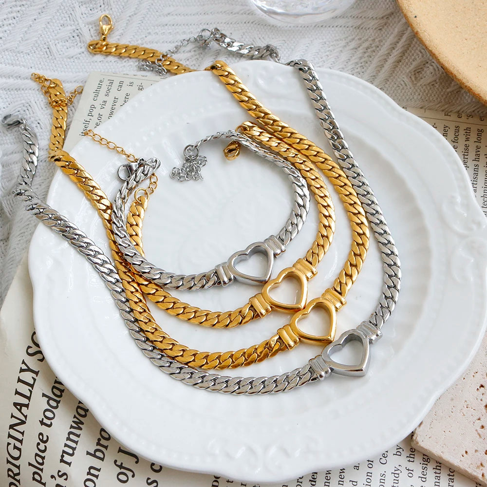 Waterproof Stainless Steel Luxury Love Heart Shape Chain Necklace Gold Plated Heart Bracelet Set for Women Fashion Jewelry Set