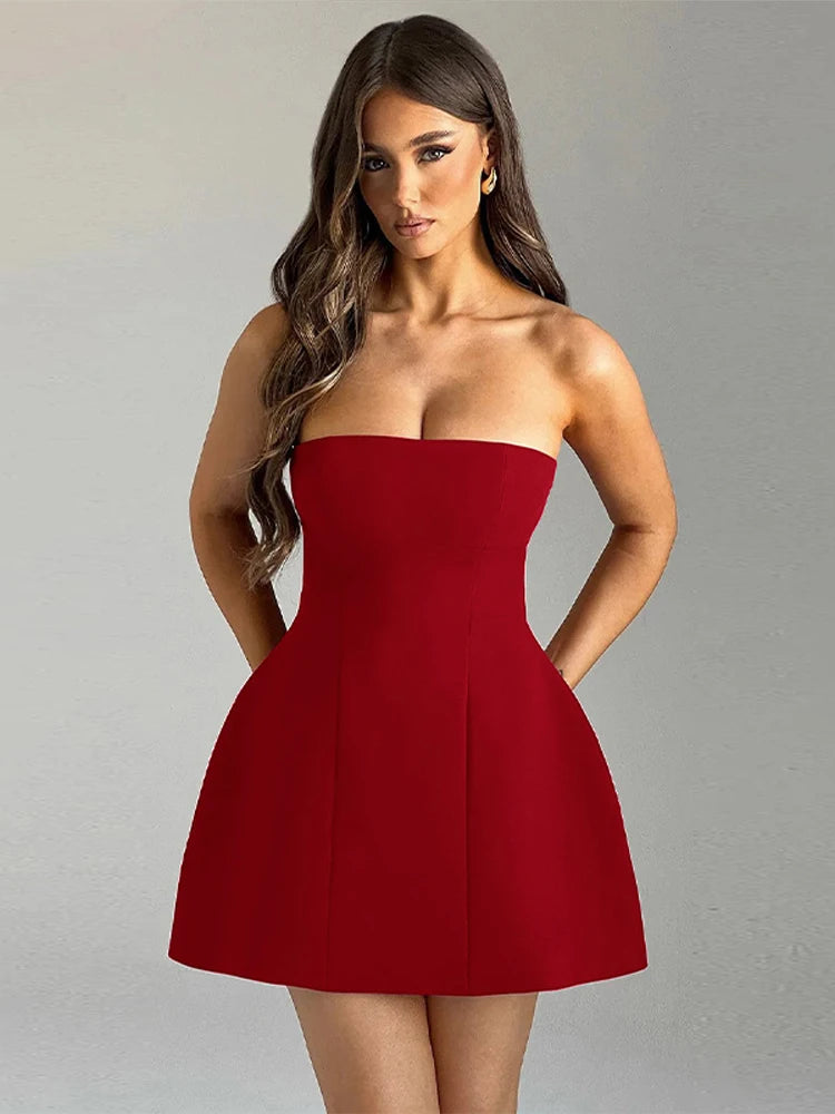 Fashion Chic Red Strapless Mini Dress For Women Backless Sleeveless High Waist Dresses 2025 Elegant Female Evening Party Gowns