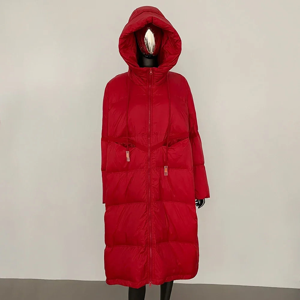 2024 New White Duck Down Jacket Hooded Winter Women Oversize Long Puffer Coat Female Thick Warm Loose Parkas Outwear Pockets - Surpriseshopper.com