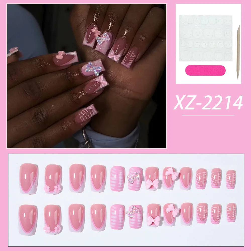 24 pieces of short square nail tips. 3D stereo line butterfly decorations. Pink French full-stick reusable coverage nail art.