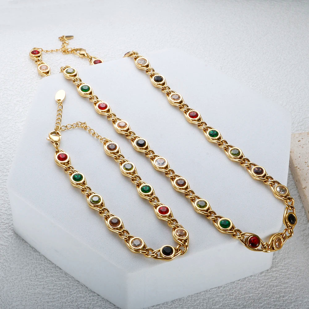 Trend Colorful Cubic Zirconia Panel Bracelet Necklace For Women Gold Color Stainless Steel Crystal Fisheye Jewelry Set 2023 New