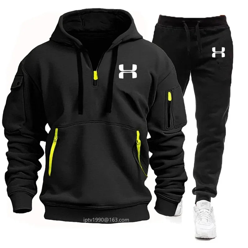 New men's suit, spring and autumn men multi-pocket zipper hoodie + sports pants two-piece leisure fitness sports clothing set Surpriseshopper.com