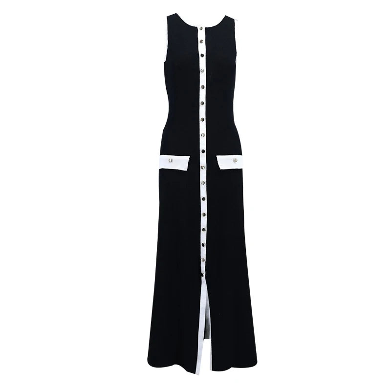 Solid Single Breasted Knitted Maxi Dress Women Fashion O Neck Sleeveless Fake Pockets Lady Dresses 2024 New Elegant Commute Robe