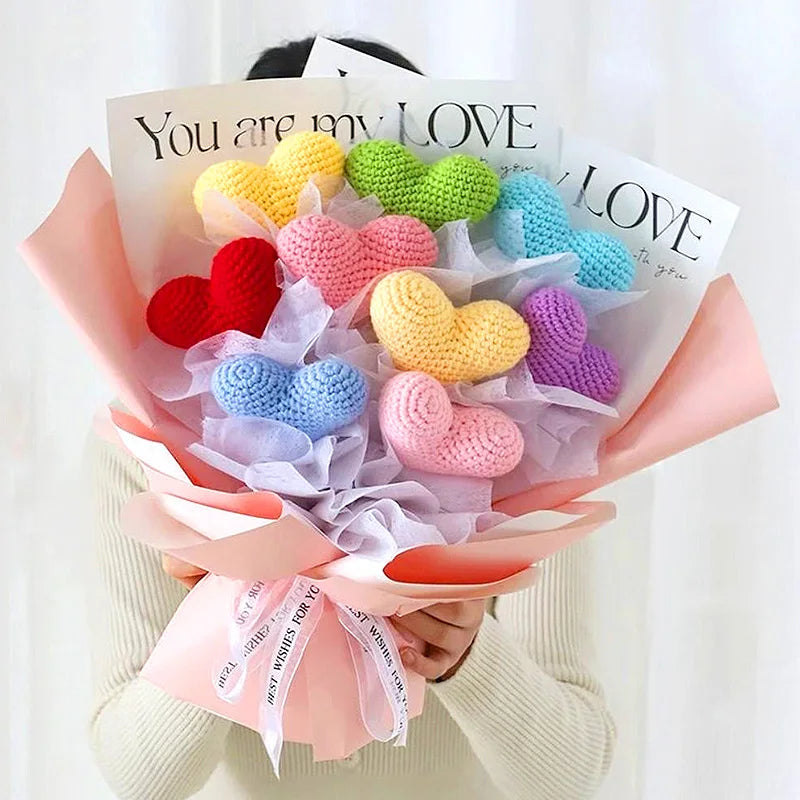 Hand Knitted Crochet Flower Heart Artificial Flowers Hand Woven Bouquet Wedding Decoration Handmade Valentine's Gift For Lovers