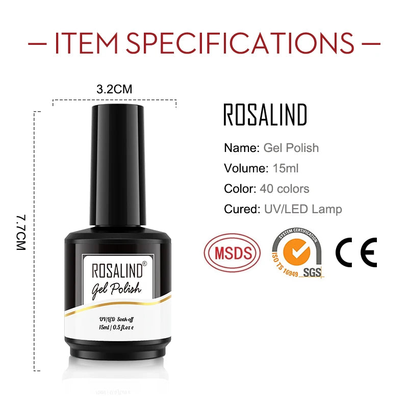 ROSALIND 15ML Pure Colors Nail Polish For Art Manciure Design Gel Nail Base Top Coat Semi Permanent Soak Off UV Gel Nail Varnish - Surpriseshopper.com