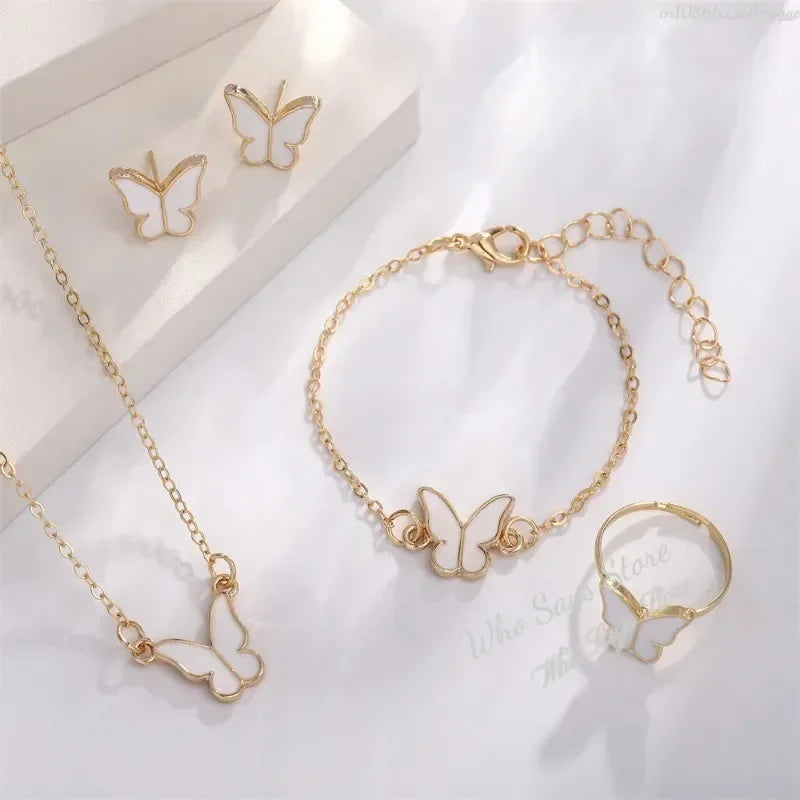 Butterfly Jewelry Sets Crystal Acrylic Romantic Bracelet Ring Necklace Earring Set for Women Wedding Dinner Dress Accessories