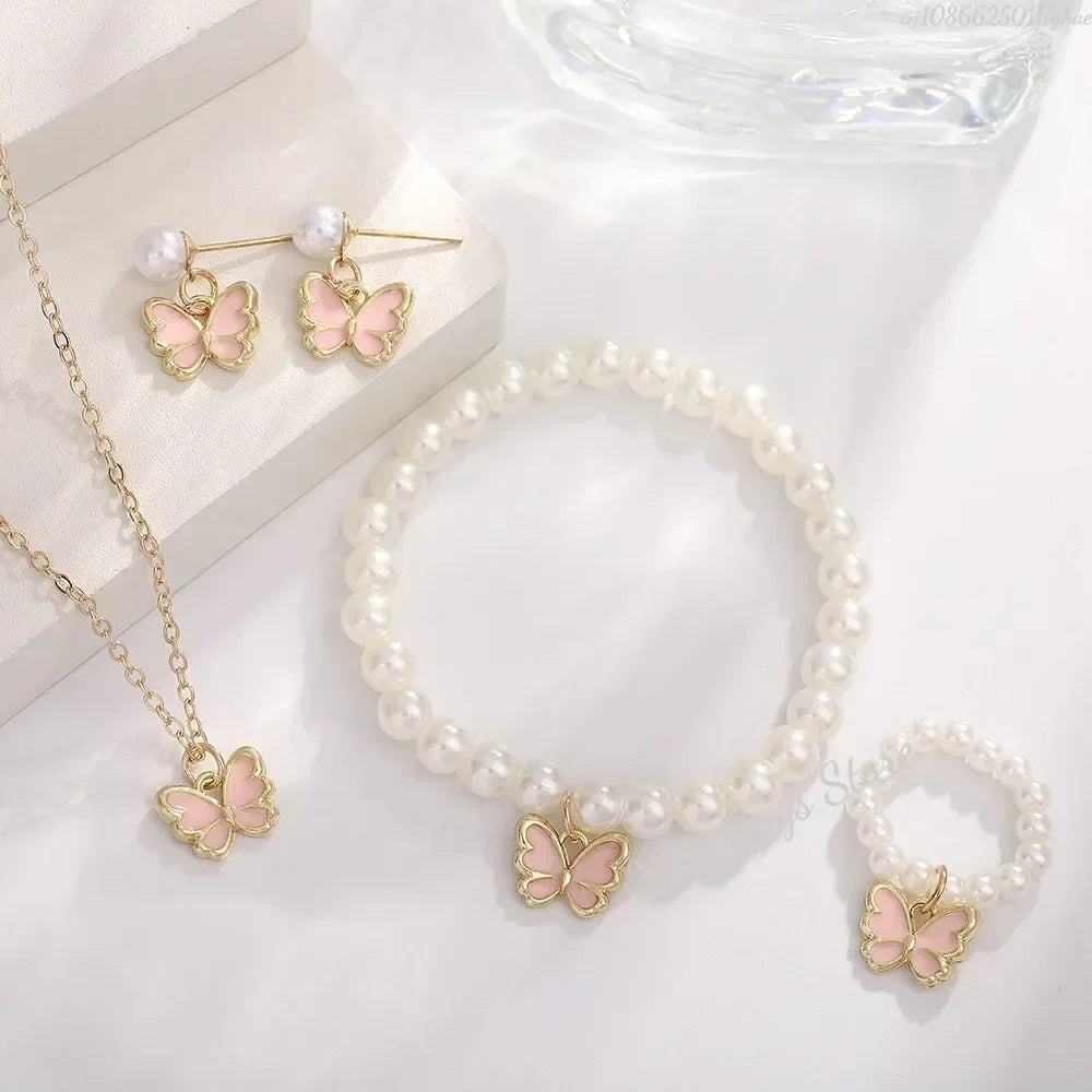 Butterfly Jewelry Sets Crystal Acrylic Romantic Bracelet Ring Necklace Earring Set for Women Wedding Dinner Dress Accessories