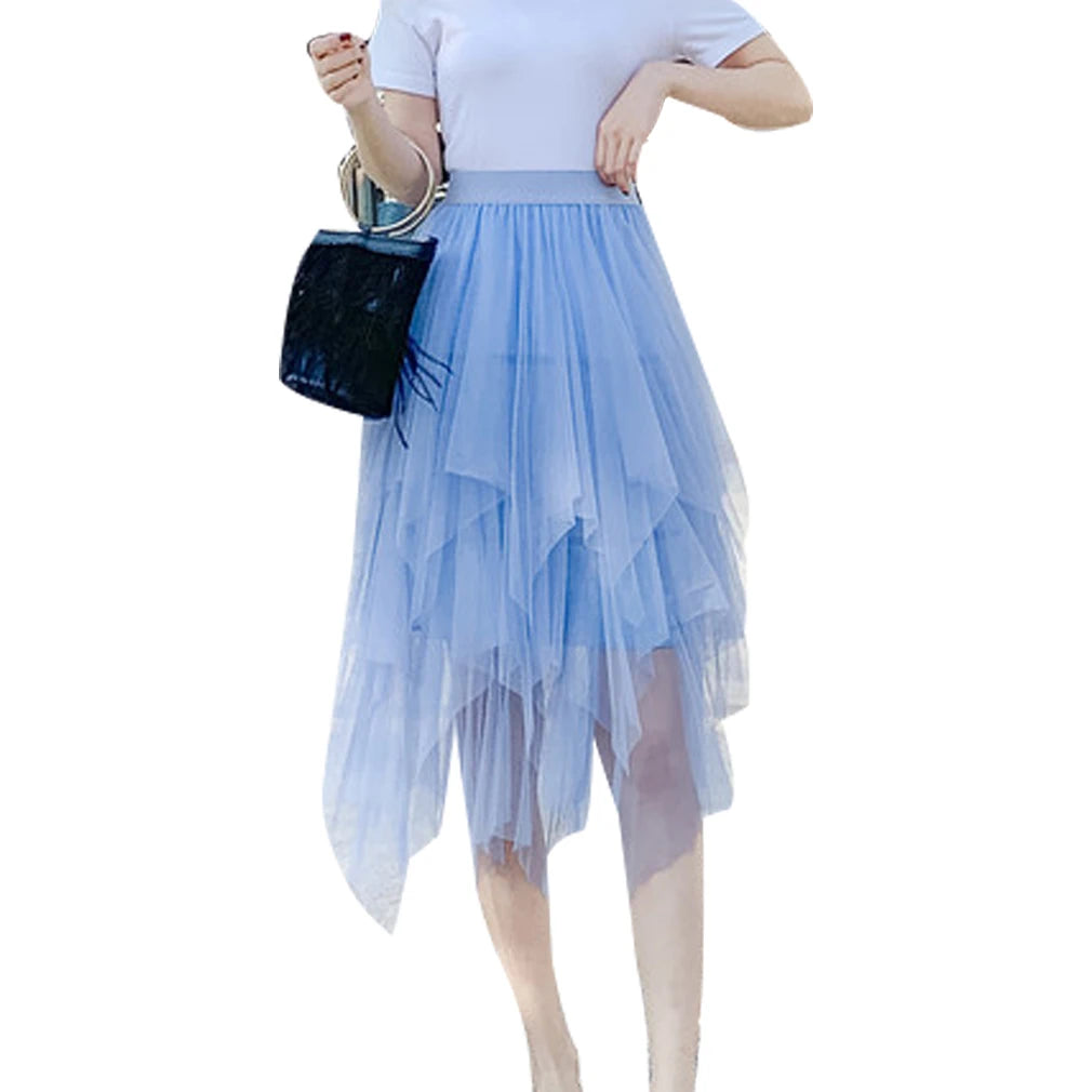 Lady s Fashionable Sexy Solid Color Mesh Skirt Irregular Elastic Tulle Bubble Skirt Daily Life and Vacation Surpriseshopper.com