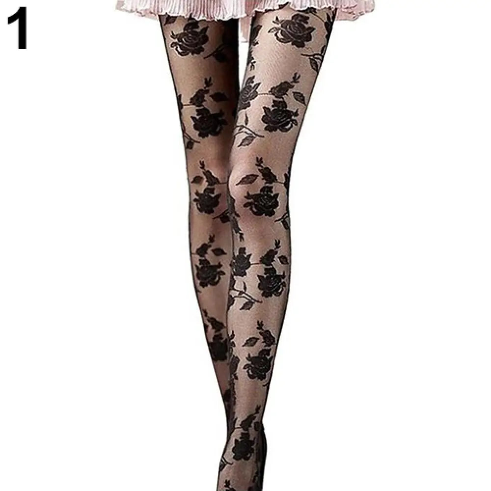 Fashion Rose Pattern Tight Lace Pantyhose Women Sexy See-through Stockings Tights Leggings