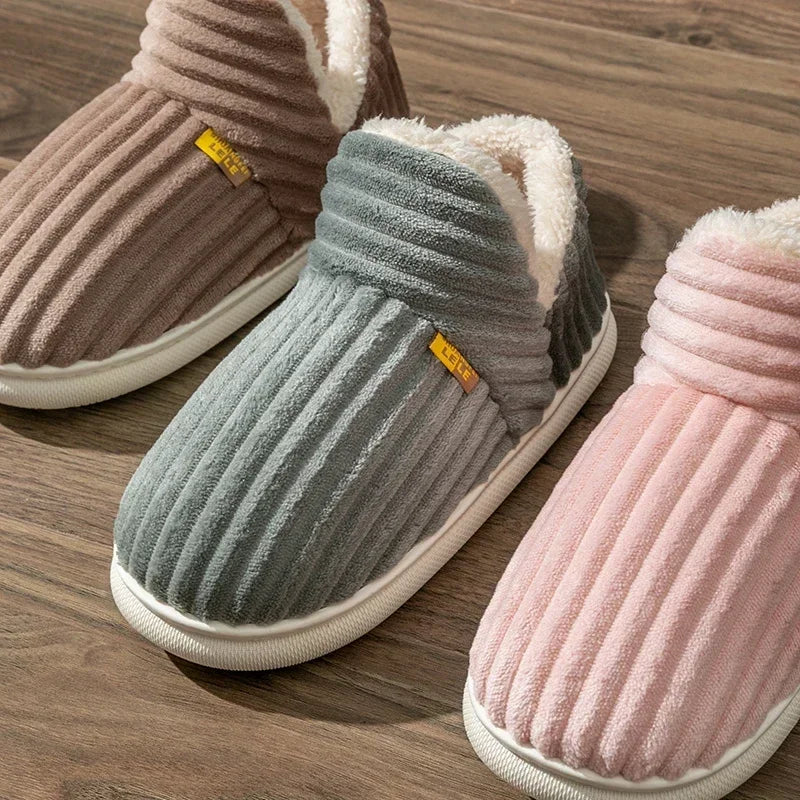 Winter Couple Style Concise Solid Color Wrap Heels Plush Slippers Non-slip Warm Flip Flops Women Men Home Casual Cotton Shoes