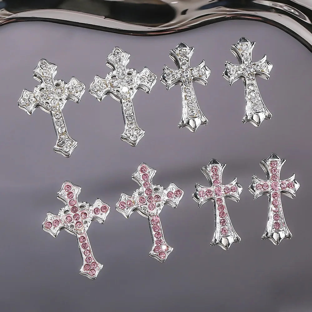 5pcs Luxury Silver Big Cross Nail Art Charm 3D Alloy Full Glitter Pink/White Diamond Nail Decoration DIY Retro Nail Accessories