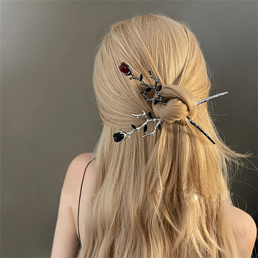 Vintage Metal Red Rose Flower Hairpins Women Elegant Texture New Chinese-style Chopstick Hair Stick Girls Hair Accessories Tools - Surpriseshopper.com