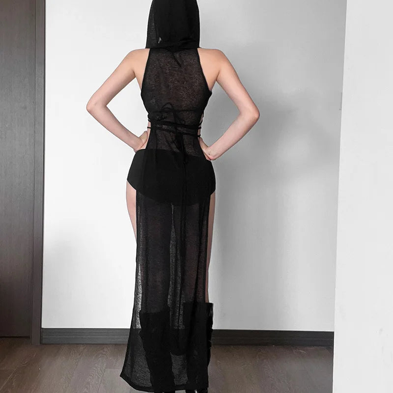 Gothic Summer High Street Travel Cool Confident Black Mysterious Sexy Open Avant-garde Sexy Hot Cool Women's Hooded Dress