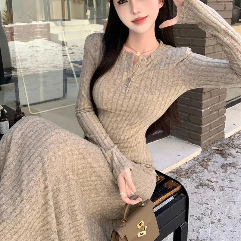 Elegant Slim High Waist Knit Dresses Women Autumn Winter Long Sleeve Thick Warm Long Dress Ladies Vintage Streetwear Vestidos