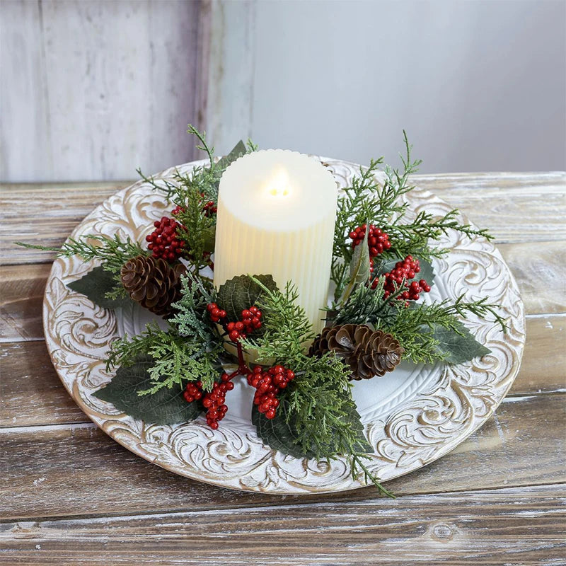 25cm Artificial Pine Needle Red Berry Candle Rings Candlestick Wreath Fake Leaves Christmas New Year Table Decoration Props