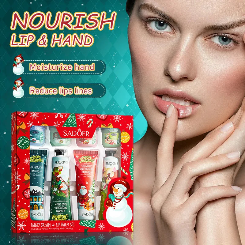 SADOER Christmas Moisturizing Repair Anti-Cracking Hand Cream + Lipstick Combination Kit moisturizing nourishing lip balm - Surpriseshopper.com