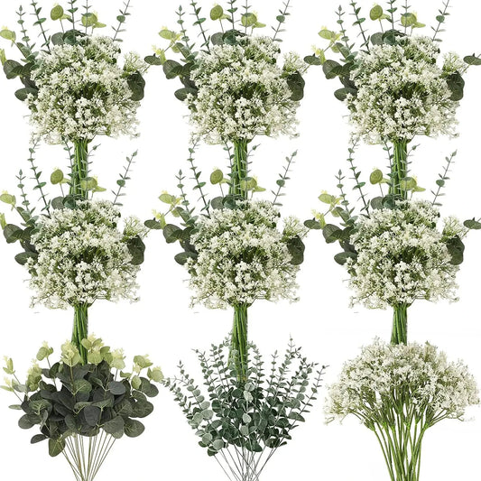 30PCS 3 Kinds Mixed Fake Plant Eucalyptus Leaf BabysBreath Christmas Decorations Vase for Home Garden Wedding Artificial Flowers