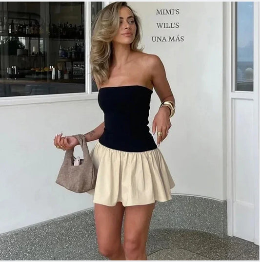 Spring New Cross -Border Women's Clothing Fashion One -Piece Collapsed Color Stitching Pleated Slim Dress Women's Skirt