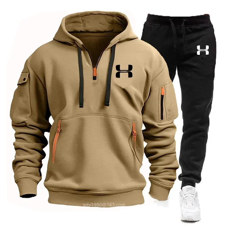 New men's suit, spring and autumn men multi-pocket zipper hoodie + sports pants two-piece leisure fitness sports clothing set Surpriseshopper.com