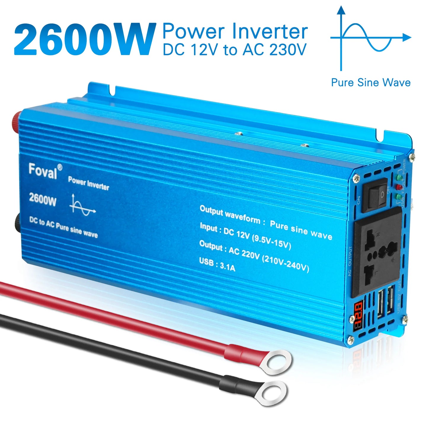 Pure Sine Wave Inverter DC 12V to AC 220V 230V 1500W/2200W/2600W Voltage Transfer Converter Universal EU Socket Auto Accessories