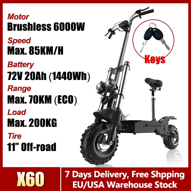 1200W-6000W Adult Electric Scooter 55-90km/h Fast E scooter X60 X48 X700 Dual Drive Foldable Skateboard with Seat 2 wheels Moped