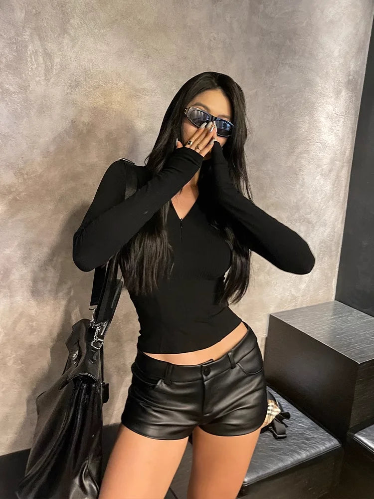 Sexy Black PU Fashion Casual Summer Shorts Women Clothing Faux Leather Goth High Waisted Womens Shorts Y2k Hot Woman Short Pants Surpriseshopper.com