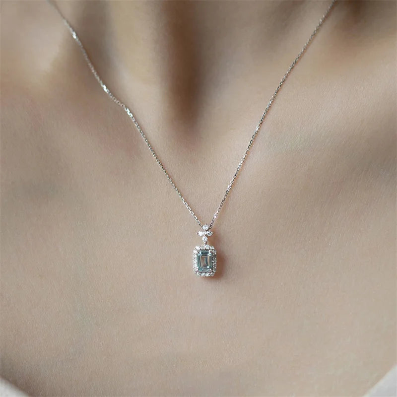 Huitan Square Light Blue Cubic Zirconia Necklace Women Engagement Wedding Accessories Brilliant Pendant Necklace Fashion Jewelry