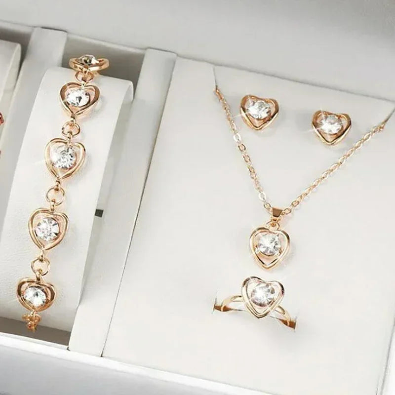 5PCS Set Gold-Color Heart Shaped Jewelry Sets Of Ring Earrings Necklace For Women Elegance Rhinestone Double Heart Jewelry