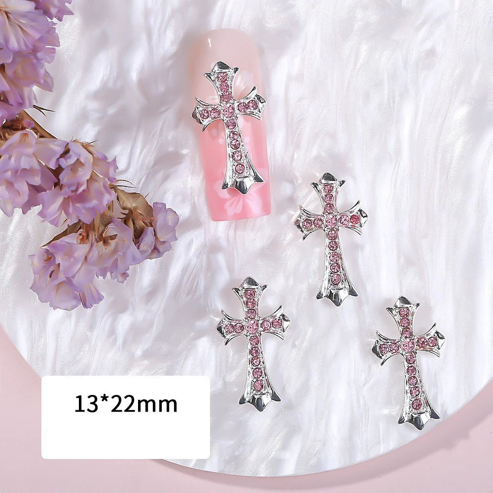 5pcs Luxury Silver Big Cross Nail Art Charm 3D Alloy Full Glitter Pink/White Diamond Nail Decoration DIY Retro Nail Accessories